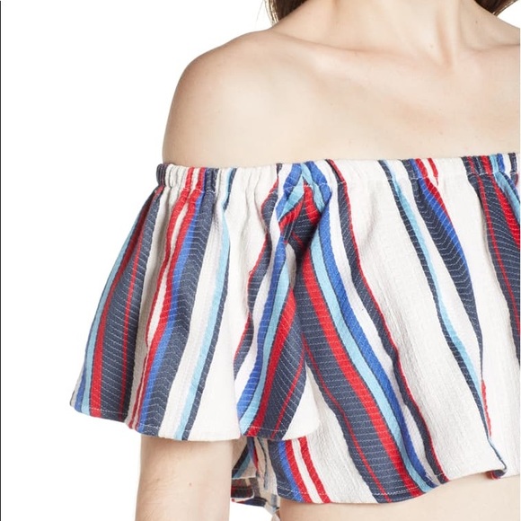 Lost + wander Azul Stripe Off Shoulder Crop Top - Picture 1 of 9